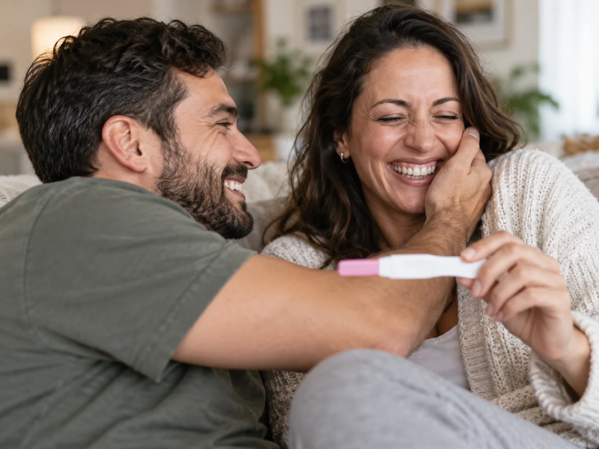 Happy couple smiling together at home while holding a positive pregnancy test