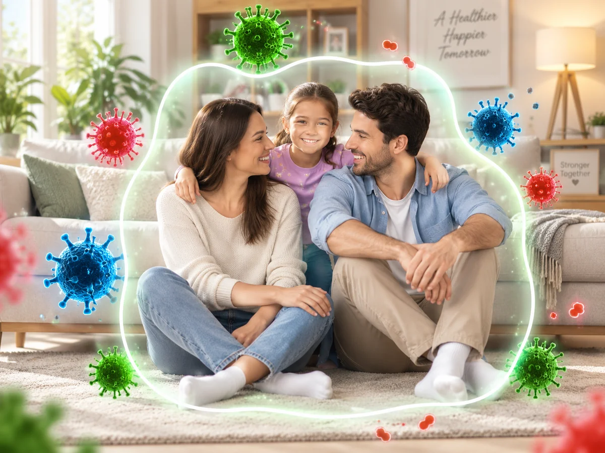 Happy family sitting together inside a glowing protective shield in a bright living room