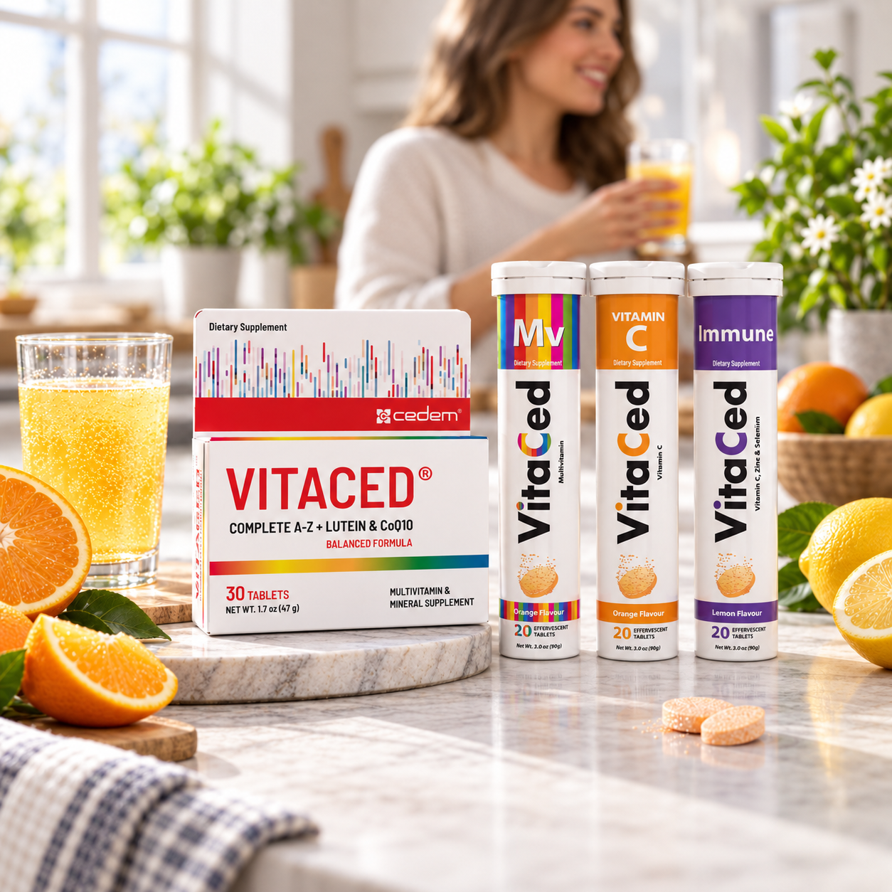 VITACED A-Z, Multivitamin, Vitamin C and Immune effervescent tubes alongside fresh oranges in a bright kitchen setting