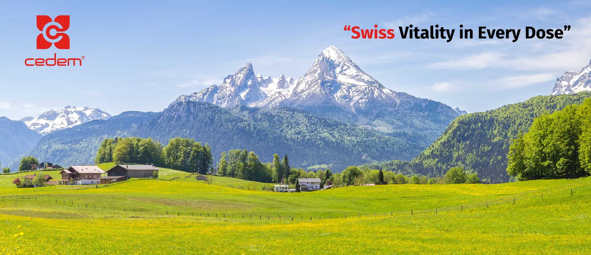 Swiss alpine meadow beneath snow-capped mountains with the CEDEM logo and the words Swiss Vitality in Every Dose