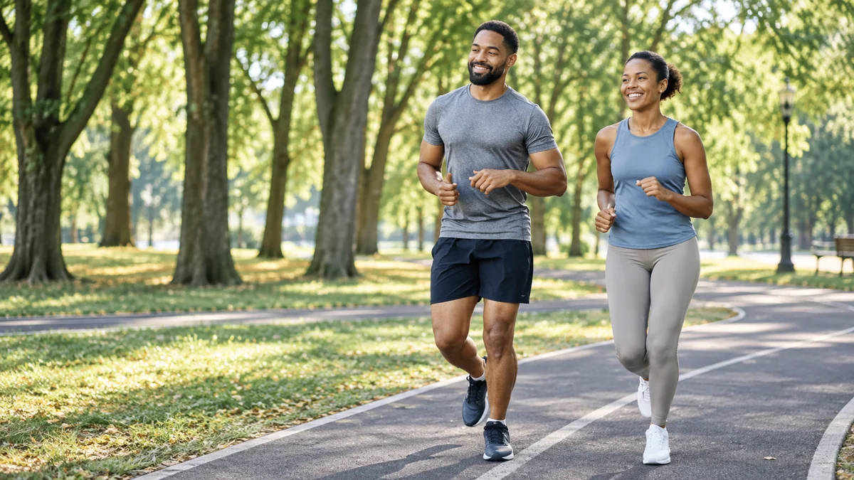 Smiling couple jogging together on a tree-lined park path in morning light