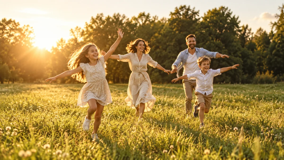 Happy family running together through a sunny green meadow at golden hour